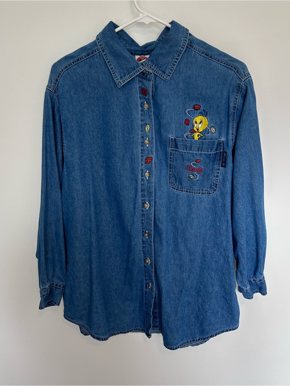 Women’s Looney Tunes Denim Button-Up Shirt with Tweety Embroidery - Blue 14/16W